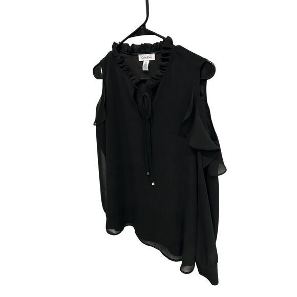 Calvin Klein Womens Black Ruffled Cold Shoulder Blouse With Tie Neck Size Small - Picture 3 of 11